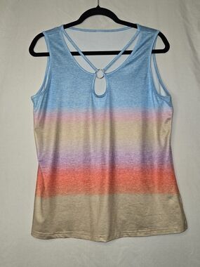 Sleeveless Ombre Stripe Keyhole Tank Top - Light Blue